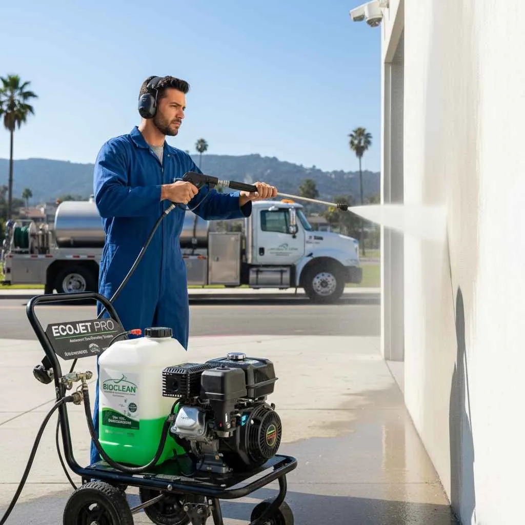 technician power washing with eco-friendly equipment