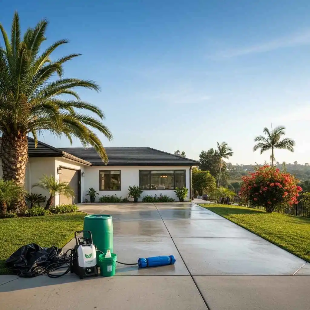 Clean driveway after eco-friendly pressure washing in Orange County