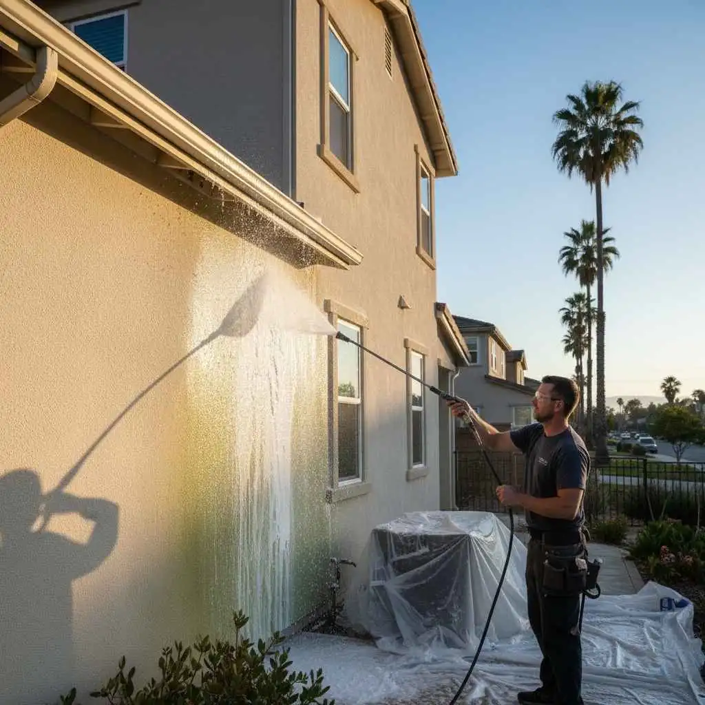 professional soft washing siding before painting
