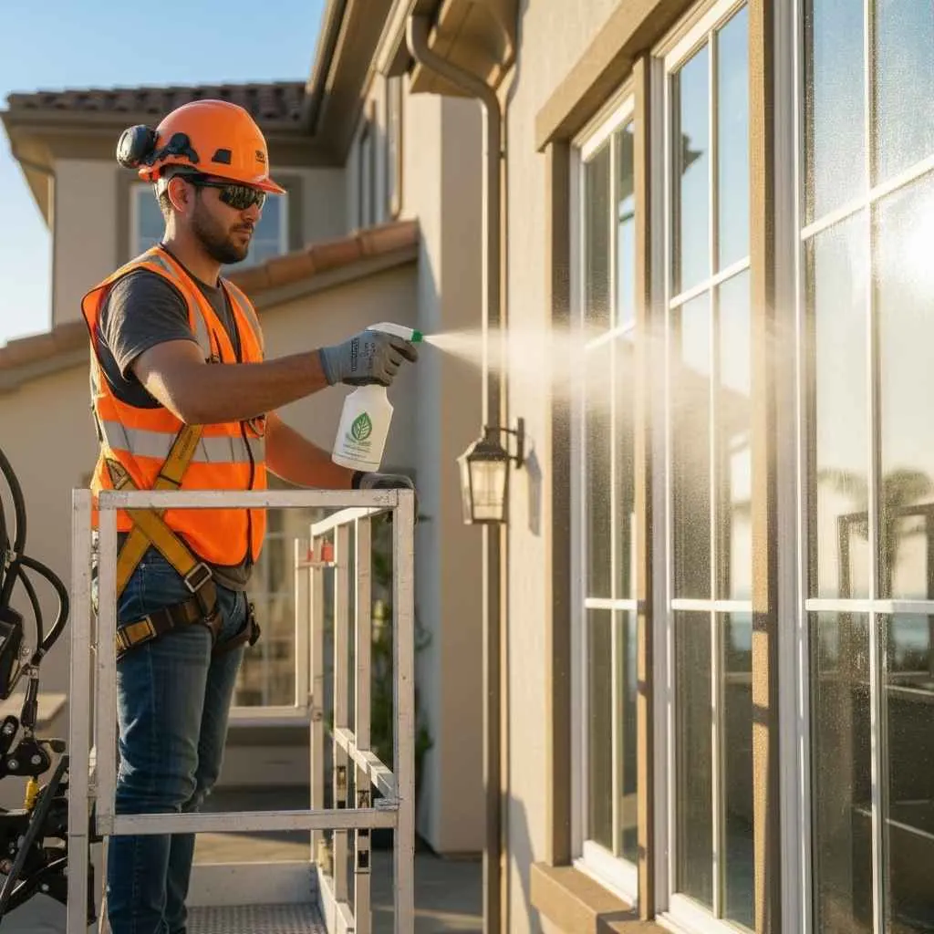 technician spraying environmentally friendly window cleaning solution