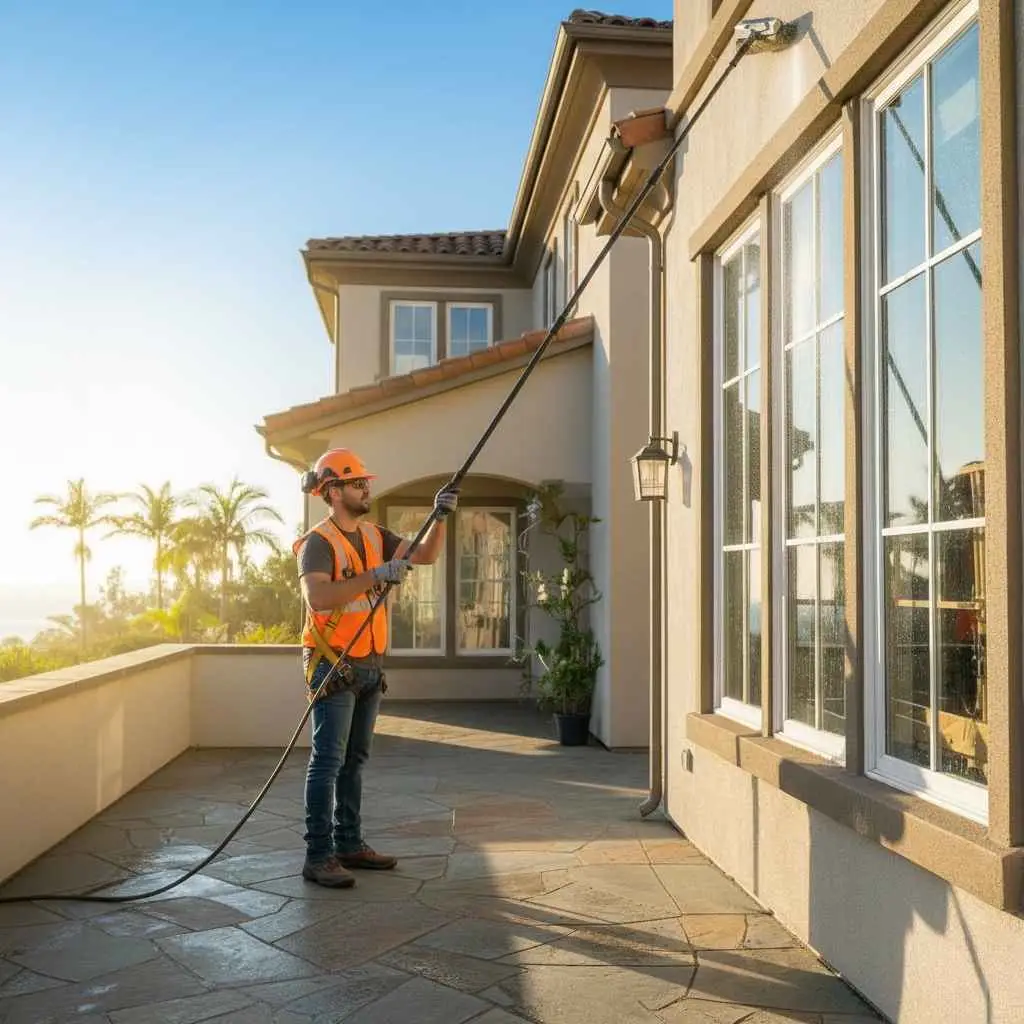 technician using water-fed pole from ground level to reach high windows safely