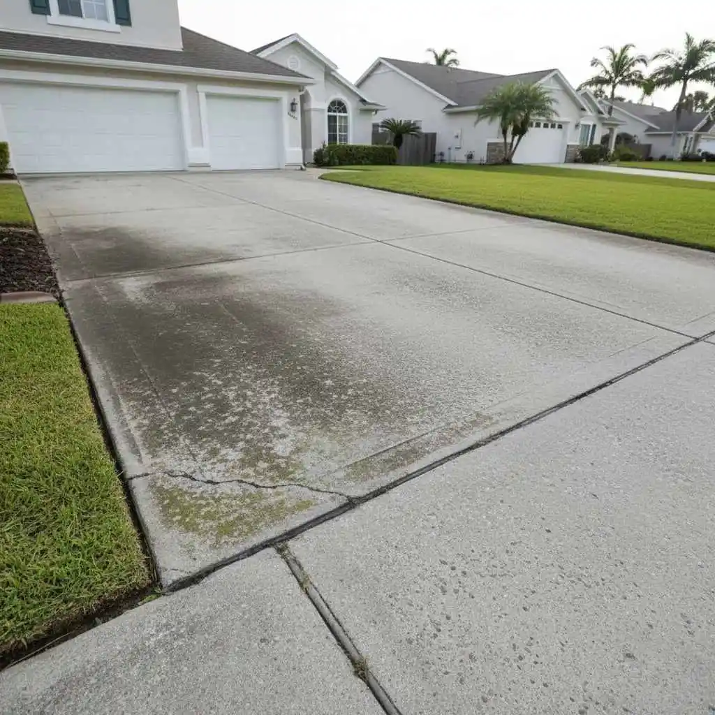 stained driveway before cleaning